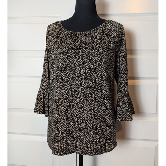Michael Kors Size M Blouse Micro-Giraffe 3/4 Sleeve Bell Cuff Flowy Designer - Picture 2 of 10